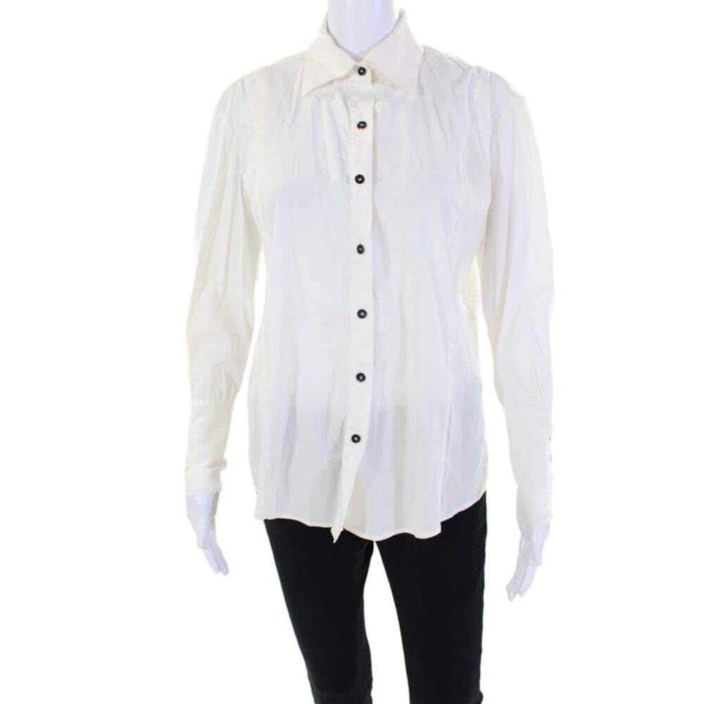 Row Womens Cotton Textured Long Sleeve Button Up V-neck Blouse White Size 06
